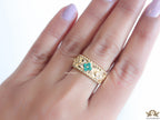 Golden ring band with malachite green and cz clovers