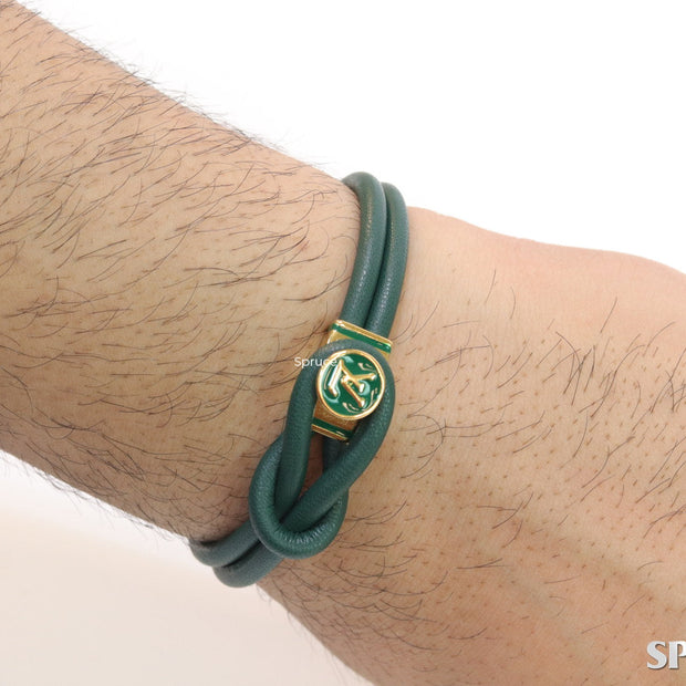 Green Leather Bracelet with golden alphabet motif