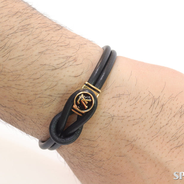 Black Leather Bracelet with golden alphabet motif