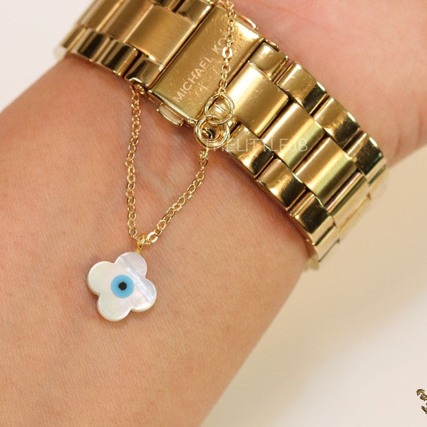 Clover leaf shaped mother of pearl watch charm with evil eye and gold plated chain