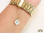 Gold plated cz evil eye clover watch charm with mother of pearl element