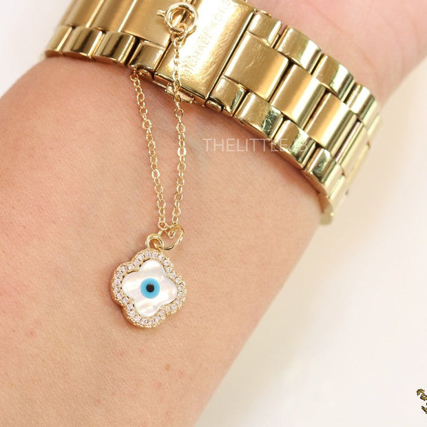 Gold plated cz evil eye clover watch charm with mother of pearl element