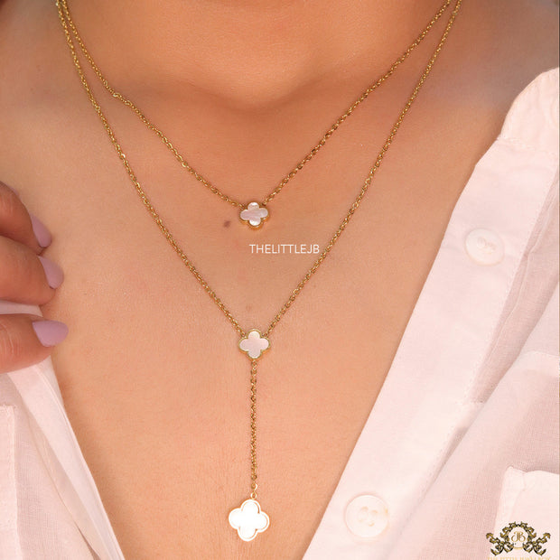 Dual chain necklace with white MOP clover in gold finish