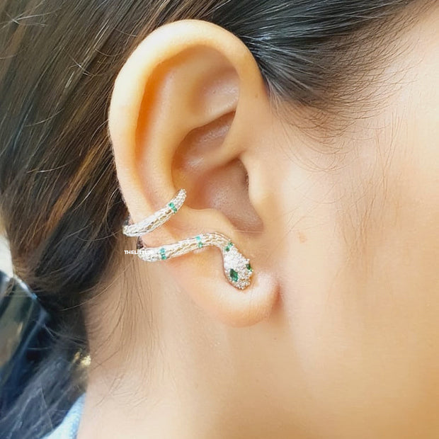 Platinum plated ear cuff pattern serpentine earrings with green cz